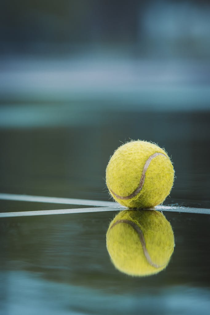 Close-up of a tennis ball reflecting on a wet court, perfect for sports themes.